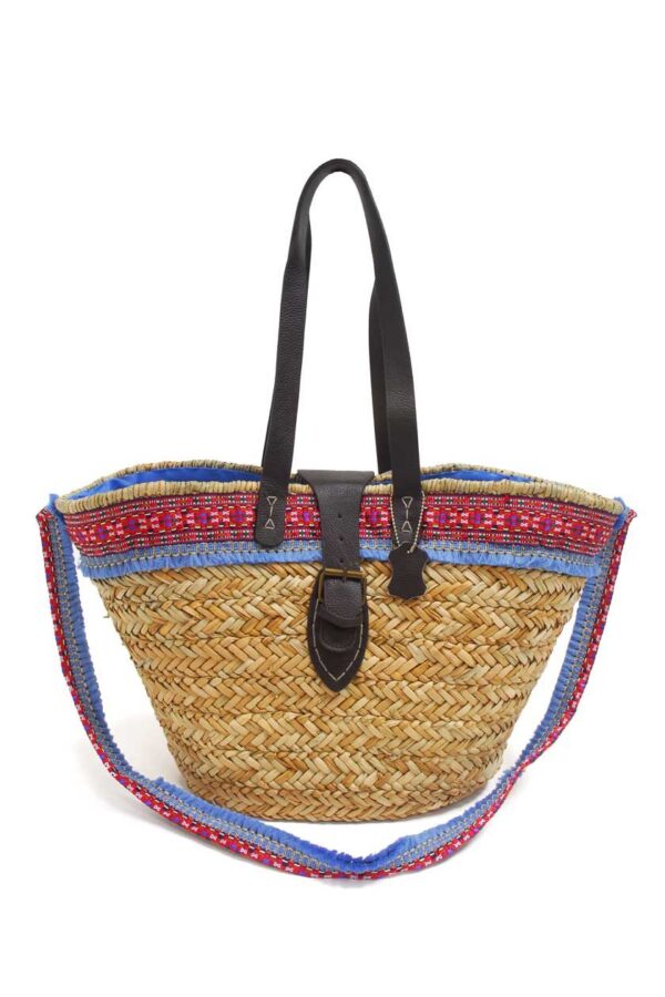 Sac en paille bleu et rose