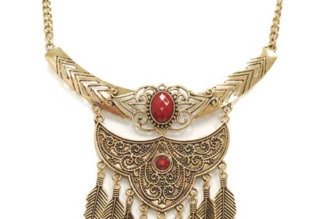 Collier en chaîne - ornement à plumes métallique
